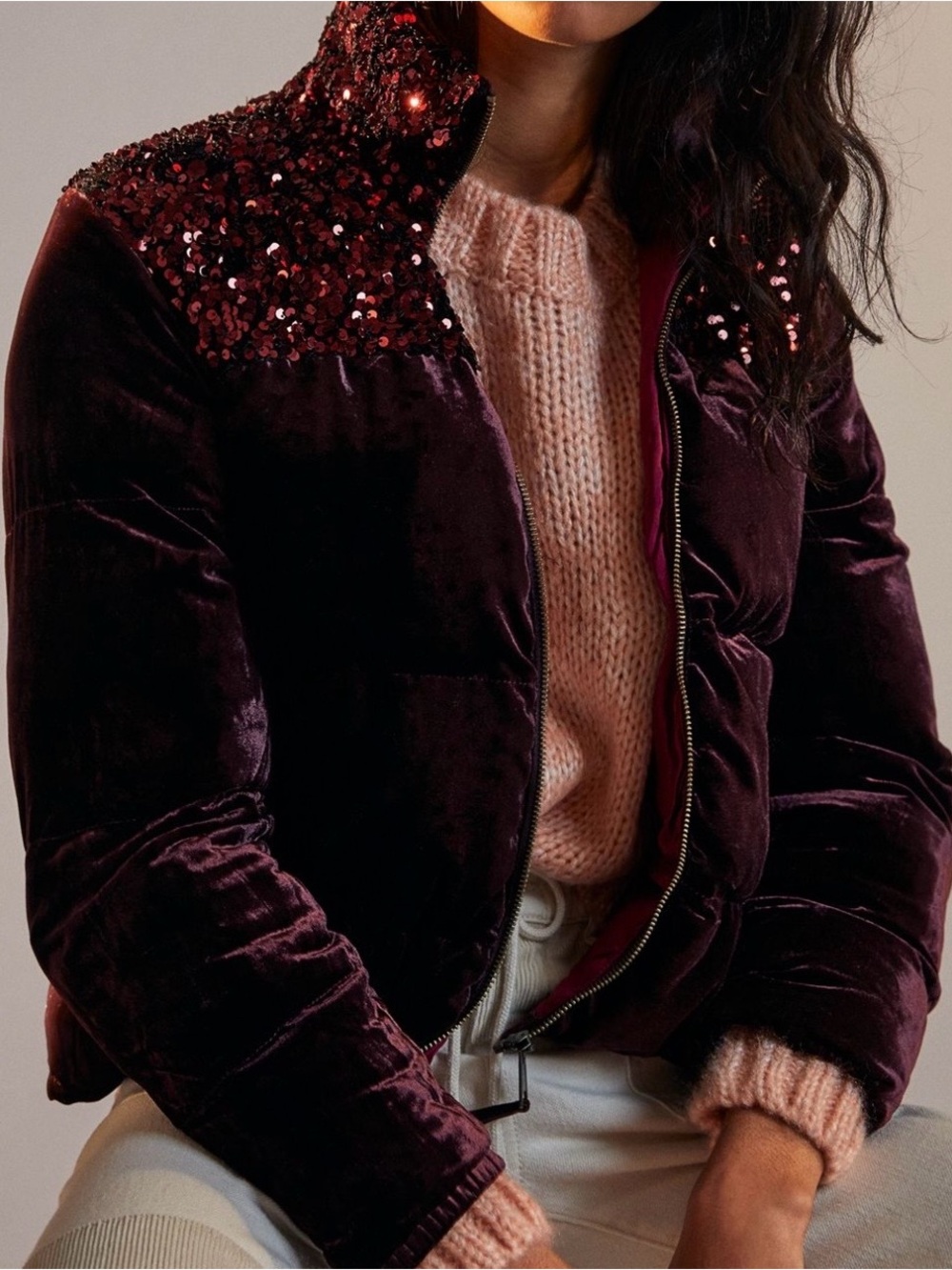 Anthropologie Maeve: Vera Sequined Velvet Puffer Jacket in Wine, Medium
